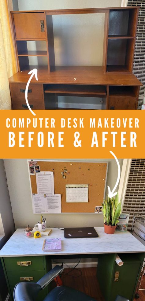 Old Computer Desk Into Modern Work Station - Thun Improvements Old Computer Desk Makeover, Old Desk Repurpose, Oak Desk Makeover, Computer Desk Makeover, Old Desk Makeover Diy, Ikea Computer Desk, Oak Computer Desk, Desk Flip, Furniture Remodel