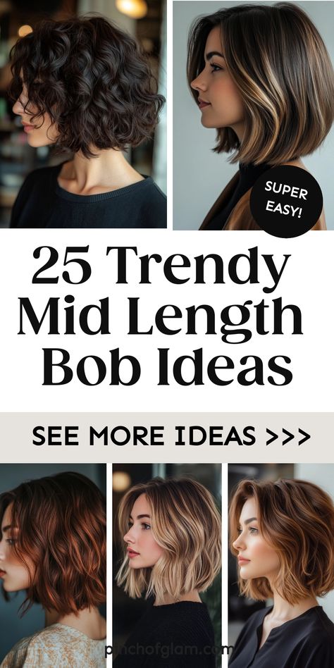 Looking for a chic and versatile new hairstyle? Check out these trendy mid-length bob hairstyles that are perfect for any occasion! Whether you prefer a classic mid-length bob cut or want to add layers for extra volume and texture, there's a style that will suit your personality. Embrace the effortless beauty of a mid-length bob haircut and get ready to turn heads wherever you go! Experiment with different styling options like loose curls, beachy waves, or sleek straight hair to find your signat Sassy Mid Length Haircuts, Hairstyle Bob Medium, Mid Length Wavy Bob, Sleek Long Bob Haircut, Medium Bob Wavy Hair, Side Parting Bob Hairstyles, Bob Haircuts For Thick Wavy Hair, Long Bob Thick Hair Wavy, Medium Short Hairstyle Women Straight