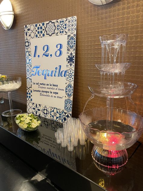 Tequila Fountain Wedding, Casa Azul Tequila Theme Party, Clase Azul Birthday Theme, Clase Azul Theme Party, Clase Azul Party, Tequila Birthday Party Theme, Tequila Party Decoration, Positano Party, Rancho Wedding