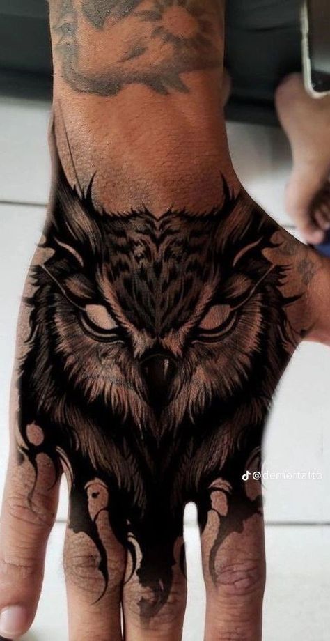 Realism Hand Tattoos For Guys, Forest Hand Tattoo, Dark Cover Up Tattoos Men, Cover Up Tattoos For Men Hand, Dark Art Hand Tattoo, Best Men Tattoos Ideas, Owl Tatoos Men, Bat Tattoos Men, Cover Up Tattoos For Men Arm Sleeve