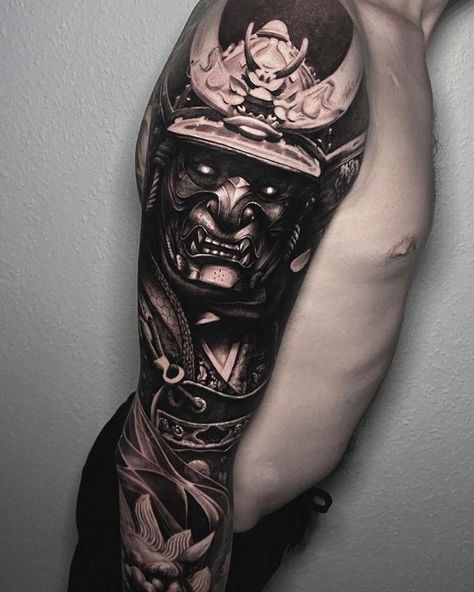 Samurai Mask Sleeve Tattoo, Oni Full Sleeve Tattoo, Samurai Tattoo Ideas For Men, Samurai Cover Up Tattoo, Samari Tattoos Men, Realistic Japanese Tattoo Design, Realism Japanese Tattoo Sleeve, Samurai Bushido Tattoo, Realism Samurai Tattoo