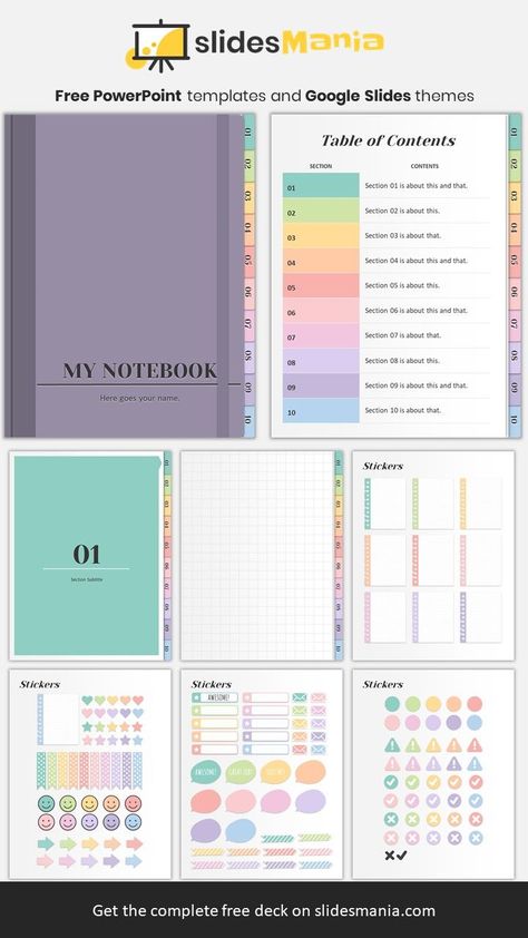 Free Digital Stickers, Projek Diy, Free Planner Templates, Study Planner Printable, Free Powerpoint Templates, Free Notebook, Notebook Templates, Google Slides Theme, Digital Notebook