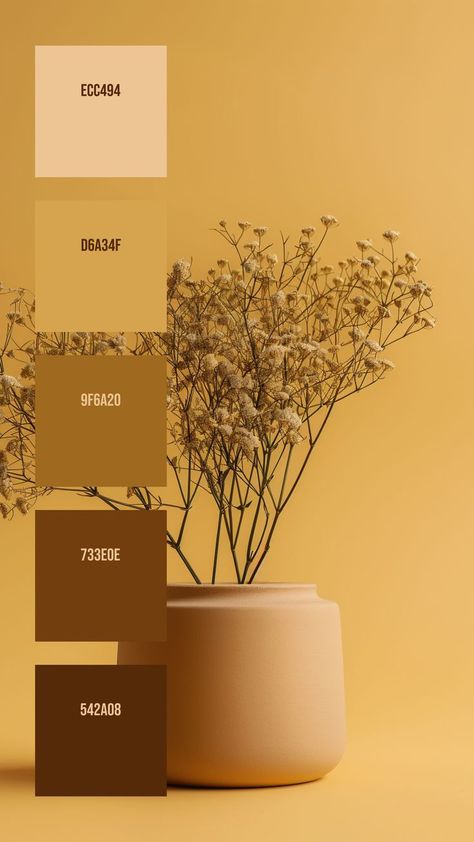 Colors:
ECC494 ° D6A34F ° 9F6A20 ° 733E0E ° 542A08 Monochromatic Yellow, Flat Color Palette, Gradient Color Design, Website Color Palette, Monochromatic Color Palette, Hex Color Palette, Yellow Colour Scheme, Color Palette Challenge, House Color Palettes