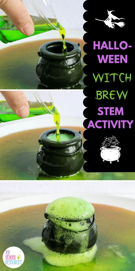 Spooky Witch's brew science experiment {Halloween activity for kids} Wizard Themed Activities, Halloween Teaching Activities, Potions Science Experiment, Halloween Craft For Kids Party, Spooky Experiments For Kids, Kids Halloween Experiments, Witch Halloween Activities, Fun Kid Crafts Easy, Halloween Potion Experiment