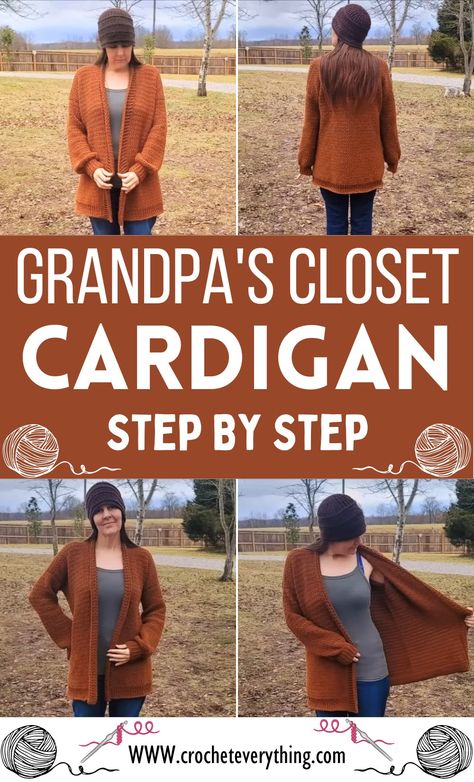 Crochet From Grandpa's Closet Cardigan Cocoon Cardigan Pattern, Cardigan Free Pattern, Crochet Jackets, Handmade Outfits, Crocheted Cardigan, Cardigan Crochet Pattern, Crochet Cardigan Pattern Free, Grandpa Cardigan, Ladies Cardigan