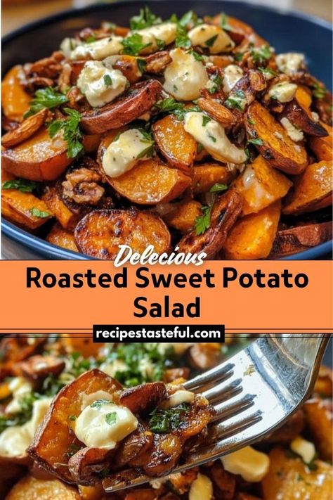 A comforting and nutritious side dish featuring roasted sweet potatoes combined with mixed greens, dried cranberries, and a tangy dressing. This salad offers a delightful mix of sweet, savory, and crunchy textures. Roasted Sweet Potato Salad, Traditional Thanksgiving Recipes, Canning Sweet Potatoes, Sweet Potato Salad, Easy Thanksgiving Recipes, Cranberry Salad, Roasted Sweet Potato, Warm Salad, Blueberry Bread