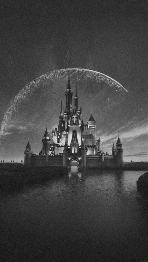 Grey And White Widgets, Black Disney Wallpaper, Disney Castle Black And White, Disney Black And White Aesthetic, Dark Disney Aesthetic, Disneyland Black And White, Disney Castle Aesthetic, Widgets Black And White, Disney Black And White