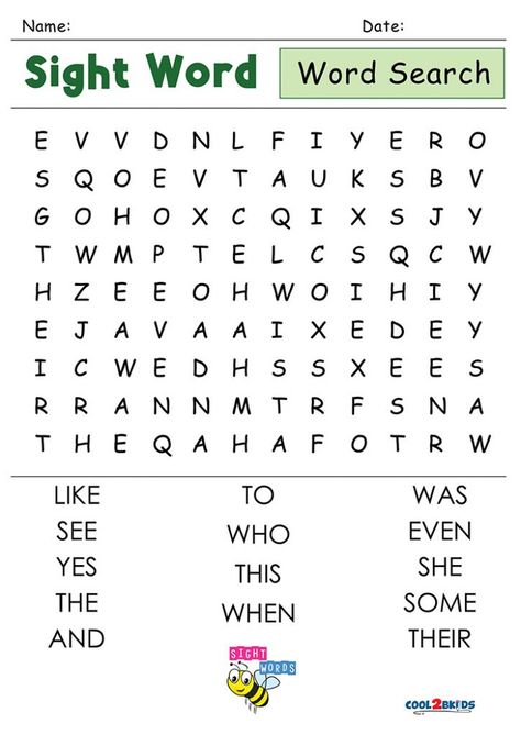 Printable Kindergarten Word Search - Cool2bKids Sight Word Crossword Puzzles, Prek Assignments, Word Search For Kindergarten, Word Search Kindergarten, Sight Word Word Search, Kindergarten Word Search, Word Searches For Kids, Prek Reading, Spring Word Search