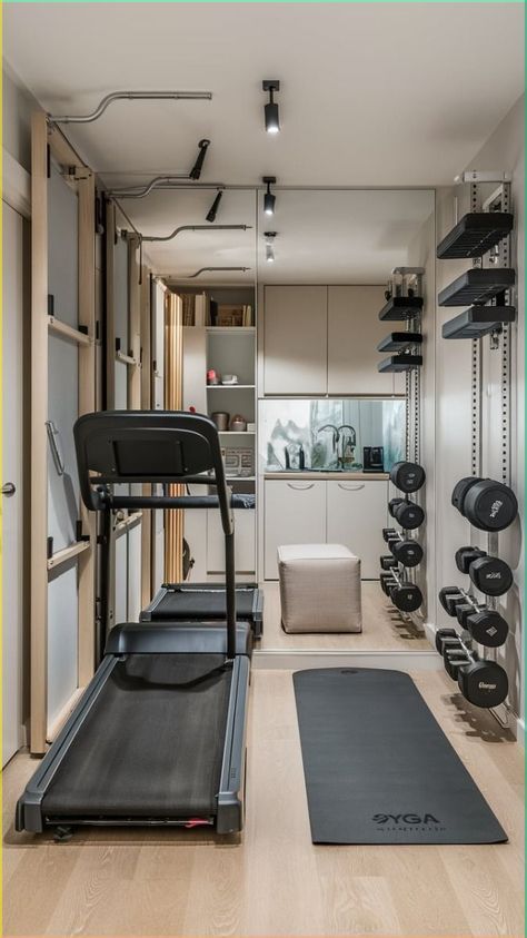 #Gym #Your #Compact #Outdoor #Ideas #Workout #DecorTips #Own #HomeStyle #HomeDecorating #Creating #HomeIdeas #Home #Spaces #Mini #for Yoga And Workout Room, Treadmill Storage, Home Office Gym Combo, Small Gym Room Ideas, Small Gym Room, Baseball Basement, Home Gym Small, Mini Gym At Home, Mini Gym At Home Ideas