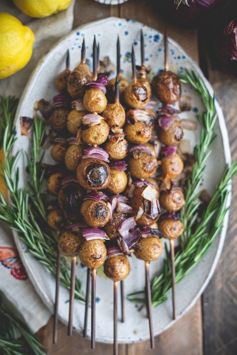 Potato Skewers On The Grill, Sausage Skewers Grill, Bbq Skewers Recipes, Grilling Potatoes, Skewer Ideas, Potato Skewers, Rosemary Skewers, Grilled Skewers, Elizabeth Coronation