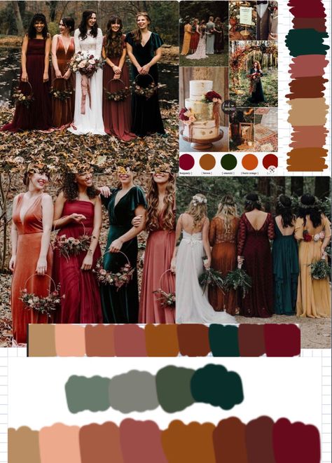 Fall Colors Wedding Decor, Rust Wedding Pallet, Yellow Stone Wedding Theme, Autumn Theme Bridesmaid Dresses, Autumn Tone Wedding, Fall Tone Wedding, Autumn Wedding Bridal Party, Bridesmaids Dresses Fall Colors, Rust Maroon Green Wedding