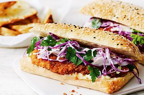 Get munching on this crunchy chicken schnitzel roll with golden home-style wedges. Homemade Wedges, Dinner Ideas Family, Crunchy Chicken, Wedges Recipe, Lunch Catering, Chicken Schnitzel, Bistro Food, Weekend Meals, Easy Dinner Ideas