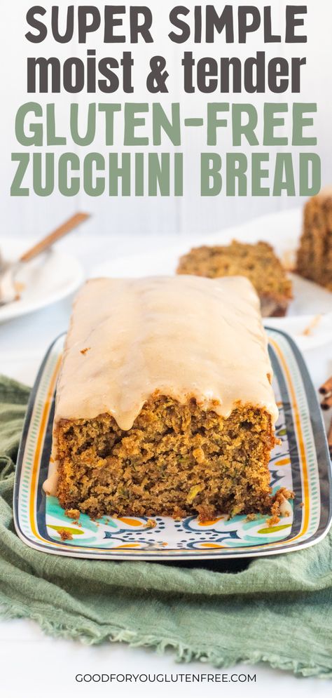 You gotta try this delicious and super simple gluten-free zucchini bread recipe topped with a sweet cinnamon cream cheese glaze. #glutenfree #glutenfreerecipes #zucchini #celiacrecipes #zucchnibread #quickbreads Gf Zuchinis Bread Recipe, Gluten Free Zucchini Bread Recipes, Gluten Free Zucchini Recipes, Gf Biscuits, Gluten Free Zucchini Bread, Easy Zucchini Bread, Celiac Recipes, Cinnamon Cream Cheese, Zucchini Bread Recipe