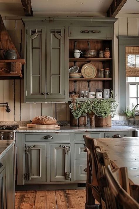 Choose the Perfect Color for Your Farmhouse Kitchen Cabinets - Quiet Minimal Green Rustic Kitchen Cabinets, Full Cabinet Kitchen, Dark Themed Kitchen Ideas, Antique Cabinets Kitchen, Farmhouse Kitchen With Green Cabinets, Kitchen Two Tone Cabinets, Farmhouse Kitchen Cabinet Color Ideas, Repurposed Kitchen Cabinets, Two Tone Cabinet