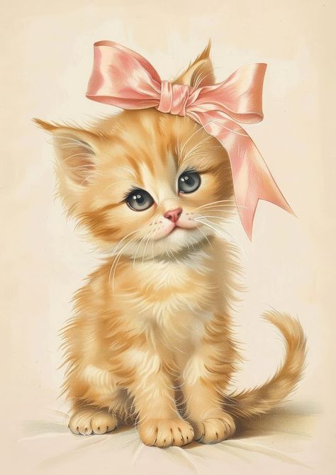 Vintage illustration with Kitten kitten mammal animal. | free image by rawpixel.com / Boom White Cat With Pink Bow, Cat With Pink Bow, Kiss Illustration, Cute White Cat, Kittens Vintage, Vintage Kitten, Louis Wain, Kitten Drawing, Vintage Cats