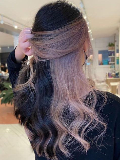 Ash Blonde Peekaboo Layer Dark Brown Hair With Ash Blonde Peekaboos, Ash Blonde Peekaboo Highlights, Peekaboo Ash Blonde, Ash Purple Peekaboo Hair, Blonde Hair With Brown Peek A Boo, Under Layer Peekaboo, Ash Brown Peekaboo Highlights, Ash Brown Peekaboo, Peekaboo Money Piece