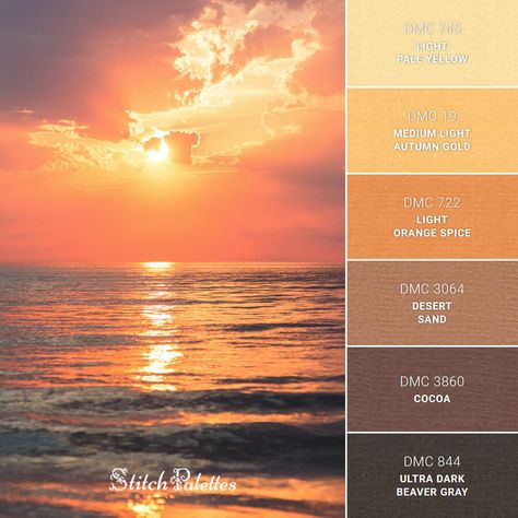 Golden Hour - Embroidery Color Palette (With Thread Codes) Embroidery Color Palette, Light Autumn, Sunset Color Palette, Orange Palette, Gold Color Palettes, Magic Hour, Orange Spice, Thread Colors, Sunset Colors