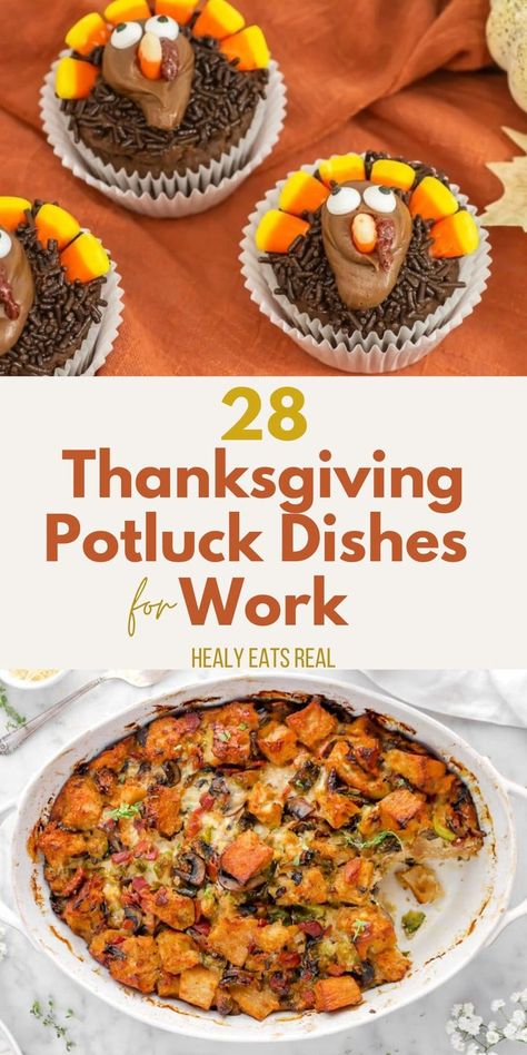 A collage displaying the text "28 Thanksgiving Potluck Dishes for Work" alongside images of turkey-themed desserts and a baked vegetable dish. Autumn Potluck Dishes, What To Bring To A Work Potluck, Thanksgiving Luncheon Ideas For Work, Potluck Work Ideas, Thanksgiving Potluck Recipes For Work, Staff Potluck Ideas, Unique Thanksgiving Dishes, Work Carry In Food Ideas, Carry In Ideas For Work Food