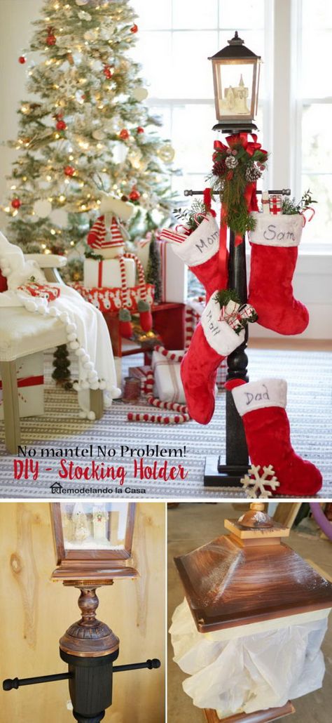 30+ DIY Stocking Holders For Christmas Decoration 2017 Christmas Stocking Holder Stand, Christmas Stocking Stand, Stocking Holder Stand, Free Standing Stocking Holder, Diy Stocking Holder, Diy Stocking, Christmas Stocking Hangers, Diy Stockings, Christmas Stockings Diy