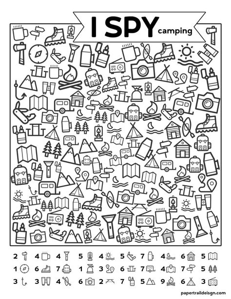 Free Printable I Spy Camping Kids Activity. Road trip game or boredom buster for rainy day or summer boredom kids activity. #papertraildesign #ispyfree #rainyday #imbored #printable #kids #kidsactivity #camping #campingispy Camping With Kids Food, Kids Summer Activities Outdoor, Camping Kids, Paper Trail Design, Camping Activities For Kids, I Spy Games, Trail Design, Free Activities For Kids, Road Trip Games