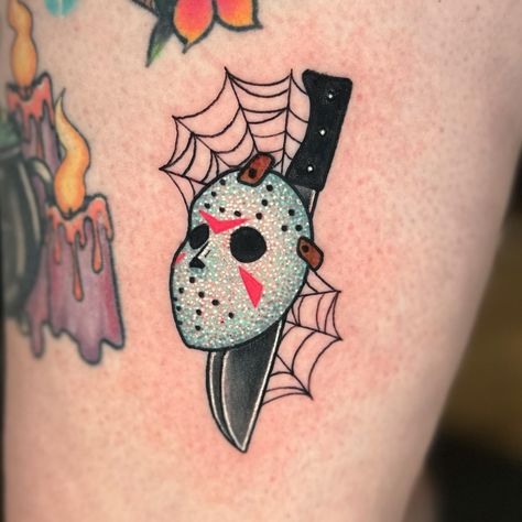 Horror Friendship Tattoos, Horror Movie Back Tattoo, Penny Wise Tattoo Design, Ghostface Traditional Tattoo, Jason Voorhees Tattoo Stencil, Cute Devil Tattoo, Simple Horror Tattoo, Penny Wise Tattoo, 13th Tattoo Ideas