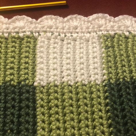 Crochet Gingham Blanket, Crochet Scallop Border, Crochet Blanket Green, Crochet Gingham, Gingham Blanket, Alpha Art, Scallop Border, Crocheting Projects, Crochet Edging Patterns