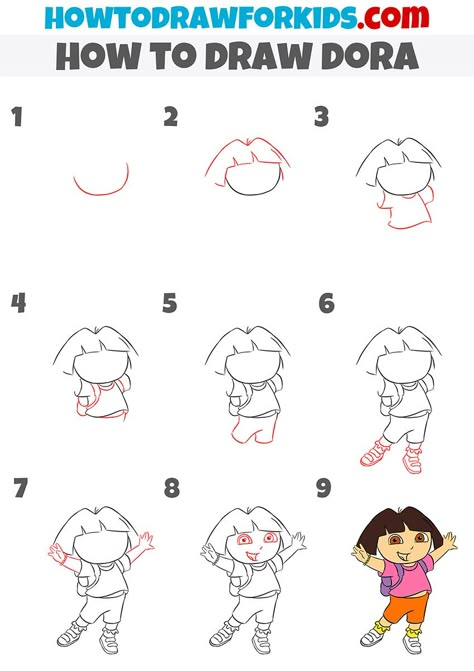 how to draw dora step by step Dora Bujji Drawing, Animation Drawing Sketches Easy, Dora Cartoon Drawing, Dora Drawing Easy, Disney Character Drawings Step By Step, How To Draw Cartoons Step By Step, Comic Strip Ideas, Diy Sketches, Dora Drawing