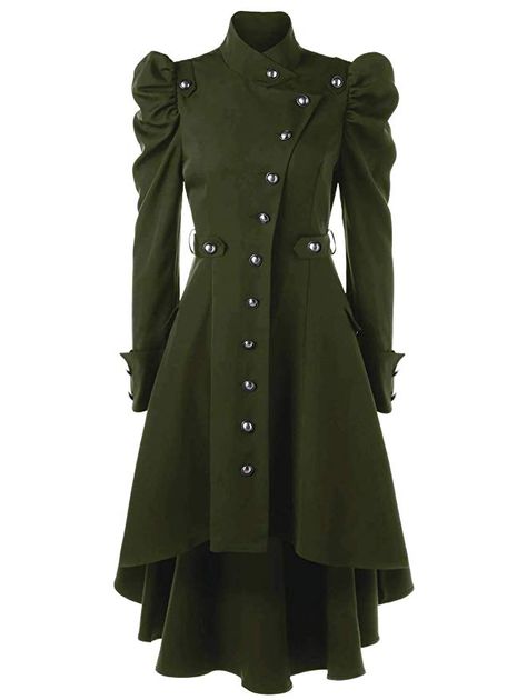 Amazon.com: Nihsatin Vintage Steampunk Victorian Swallow Tail Long Trench Coat Jacket Puff Shoulder Single Breasted: Clothing Gothic Halloween Costumes, Gothic Coat, Green Trench Coat, Langer Mantel, Long Trench, Long Trench Coat, Plus Size Coats, Hem Design, Vintage Coat