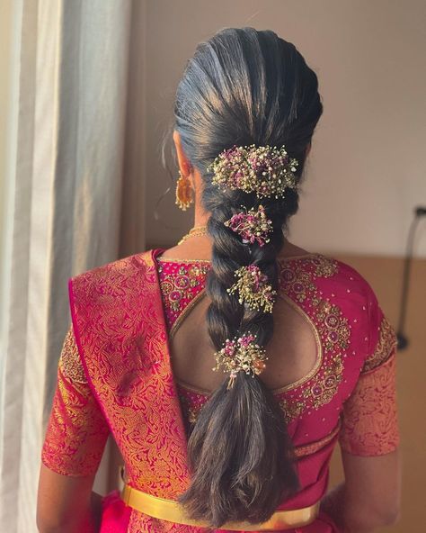 Engagement Hairdo Indian, Front Puff Bridal Hairstyles, Venni Hairstyles, Tamil Muhurtham Hairstyles, Telugu Bride Hairstyles Bridal Braids, Hairstyle For Frock Indian, South Indian Bridal Hairstyles For Muhurtham, Indian Muhurtham Hairstyle, Messy Braid Front Look