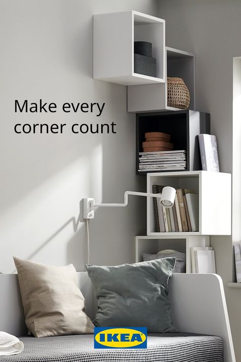 Make your corners stand out in your small apartment living room with this inspo for unique living room wall décor. Ikea Corner Storage Hack, Small Apartment Corner Ideas, Ikea Eket Corner Ideas, Eket Corner Wall, Eket Corner Wall Ideas, Ikea Eket Corner, Eket Wall Ideas, Ikea Eket Living Room, Eket Corner