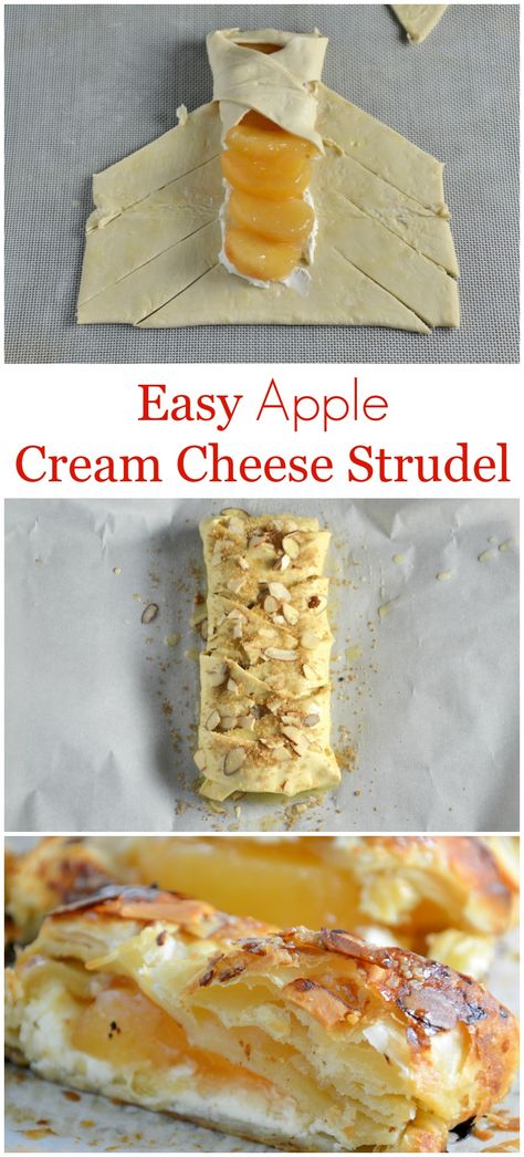 Easy Apple Cream Cheese Strudel Recipe- a twist of apple pie and apple crisp, this super simple dessert recipe uses cream cheese, puff pastry, almonds and apple pie filling in a lovely braid. www.savoryexperiments.com Cheese Strudel Recipe, Cream Cheese Strudel, Healthy Apple Desserts, Easy Pastry Recipes, Apple Cream Cheese, Strudel Recipes, Apple Puff Pastry, Apple Cream, Apples And Cheese