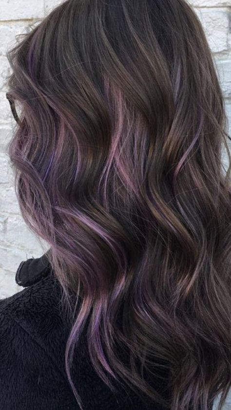 Brown Purple Hair Highlights, Dark Hair Lavender Highlights, Lavender On Brown Hair, Brunette Hair Color With Purple Highlights, Streaks Of Purple In Hair, Ash Brown Hair With Purple Highlights, Brown Hair Black Balayage, Purple In Brown Hair Subtle, Purple Streaks In Brown Hair Highlights