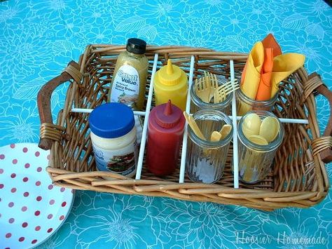 DIY Picnic Caddies — Here’s an easy way to convert a basket into a Grilling Picnic Caddy by adding dowel rods. One of these baskets filled with grilling tools make a great gift. #picnicideas #brightideas #brightsettings Picnic Caddy, Diy Picnic, Dinner Theater, Grilling Ideas, Condiment Caddy, Grilling Utensils, Yankee Doodle, Utensil Caddy, Skip To My Lou