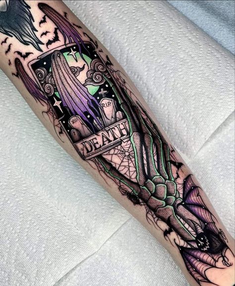 Spooky Arm Sleeve, Spooky Leg Sleeve, Horror Sleeve Tattoos For Women, Halloween Leg Sleeve Tattoo, Goth Arm Tattoo, Spooky Sleeve Tattoo, Tattoo Sleeve Themes, Black Casket, Halloween Sleeve