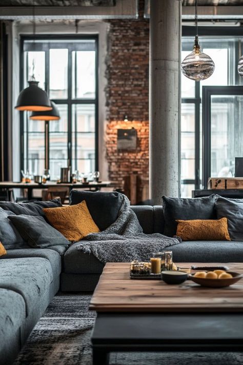 Transform your living room with an industrial chic vibe by incorporating exposed brick walls, metal accents, and reclaimed wood furniture. Add a leather sofa and oversized lighting fixtures like Edison bulbs or metal chandeliers to complete the urban, edgy look. 🛋️🛠️ Bright Industrial Living Room, Blue Industrial Living Room, Brick Wall Interior Living Room, Exposed Brick Living Room, Exposed Brick Accent Wall, Industrial Chic Living Room, Oversized Lighting, Brick Wall Living Room, Brick Fireplace Wall