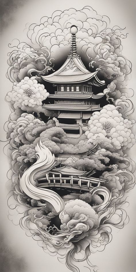 This is a striking black and white image of a Japanese-style tattoo, composed in a detailed Blackwork style. The image features intricate designs and patterns set against a blank canvas, thus emphasizing the contrast. Blackwork Japanese Tattoo, Japanese Temple Tattoo, Building Tattoo, Japanese Style Tattoo, Tattoos Sketches, Temple Tattoo, Tattoo Japanese Style, Chinese Symbol Tattoos, Garden Tattoos