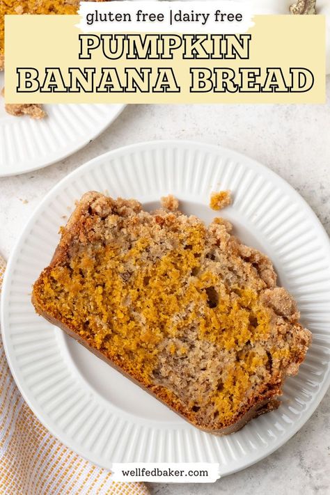 A single slice of gluten free dairy free pumpkin banana bread served on a small plate. Dairy Free Pumpkin Banana Bread, Gluten Free Pumpkin Banana Bread, Pumpkin Bread Dairy Free, Gluten Free Dairy Free Recipes Dessert, Dairy Free Recipe, Gluten Free Dairy Free Dessert, Gluten Free Pumpkin Bread, Dairy Free Recipes Dessert, Pumpkin Banana Bread