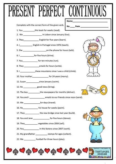 Present Perfect Continuous Worksheets Present Perfect Continuous Worksheets, Present Perfect Continuous Tense, Simple Past Tense Worksheet, Present Continuous Worksheet, Present Perfect Simple, Past Tenses, Tense Worksheet, English Language Learning Activities, Present Perfect Continuous