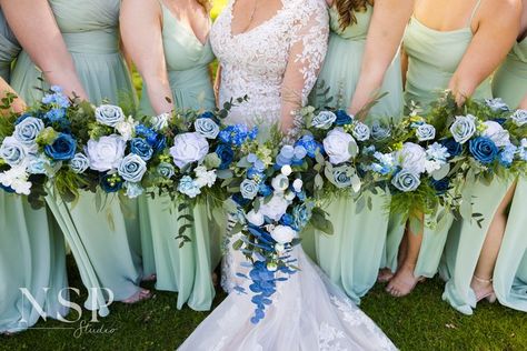 Sage Green dresses and Dusty blue wedding flowers Sage And Dusty Blue Wedding, Sage Green And Dusty Blue, Sage Green Bridesmaids Dresses, Sage Green Bridesmaids, Green Bridesmaids Dresses, Spring Backdrop, Sage Green Bridesmaid Dress, Blue Wedding Bouquet, Sage Green Dress