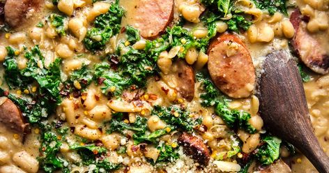 White Bean Sausage Skillet | The Modern Proper Sausage Skillet Dinner, White Bean And Sausage, White Bean Sausage, Navy Bean Recipes, Bean Sausage, Kale White Bean, Veggie Skillet, Sausage Skillet, Navy Beans