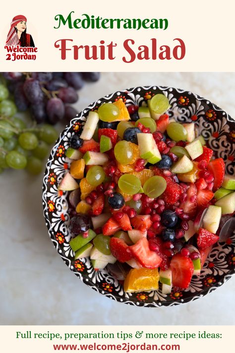 Fruit salad Mediterranean Fruit Recipes, Mediterranean Fruit Salad, Spanish Fruit Salad, Mediterranean Picnic, Recipes Strawberries, Salad With Dressing, Spanish Salad, Mediterranean Fruit, Salad And Dressing