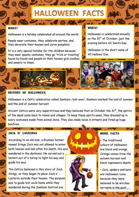 HALLOWEEN FACTS - English ESL Worksheets History Of Halloween Worksheets, Halloween Facts History, Halloween History For Kids, History Of Halloween For Kids, Halloween English Worksheets, Halloween English Activities, Halloween Facts For Kids, Halloween Esl, Halloween Worksheets For Kids