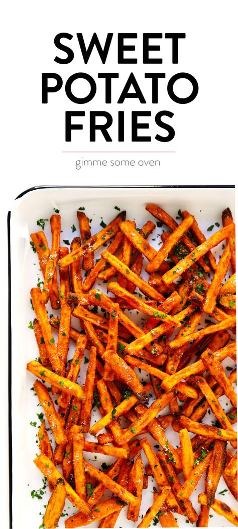 The BEST Sweet Potato Fries Recipe! | Gimme Some Oven: This Baked Sweet Potato Fries recipe is ultra-crispy, easy to make, perfectly seasoned, and guaranteed to disappear pretty much...immediately. :) Best Sweet Potato Fries, Oven Roasted Sweet Potato Fries, Best Baked Sweet Potato, Fries Healthy, Sweet Potato Fries Recipe, Oven Roasted Sweet Potatoes, Best Sweet Potato, Baked Sweet Potato Fries, Sweet Potato Recipes Fries