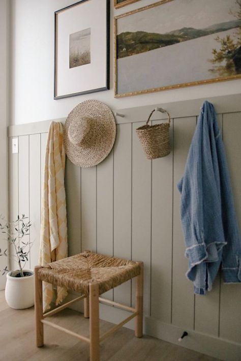 Easy Weekend Mudroom Refresh with a DIY Peg Rail and Shiplap Wall Mudroom Wall Ideas, Diy Mudroom Wall, Diy Peg Rail, Shiplap Entryway, Shaker Peg Rail, Peg Wall, Peg Rail, Diy Mudroom, Shaker Pegs