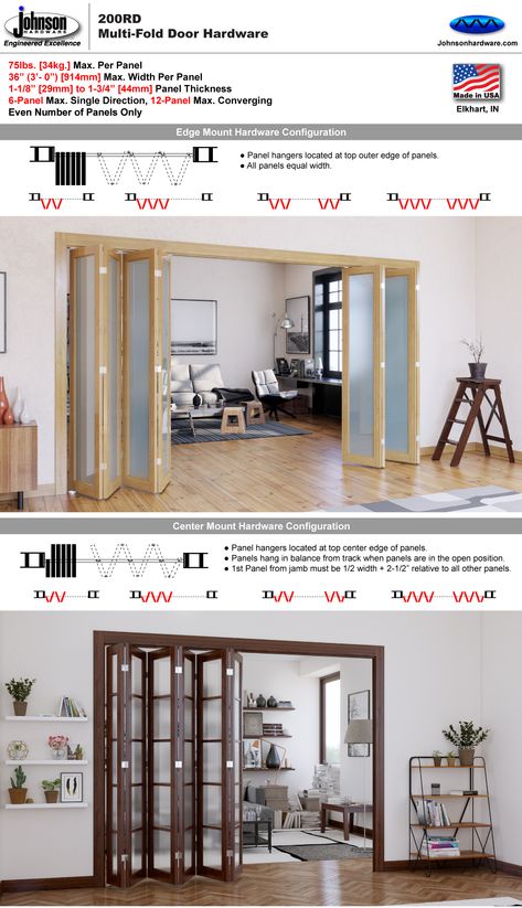 Johnson Hardware 200RD Multi-Fold Door Hardware | Johnsonhardware.com | Sliding | Folding | Pocket Door Hardware Collapsing Sliding Doors, Hafele Sliding Door, Folding Door Design, Accordion Folding Doors, Folding Door Hardware, Modern Patio Doors, Folding Doors Interior, Fold Door, Sliding Folding Doors