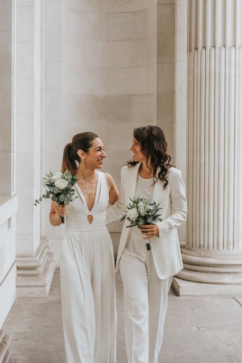 2 Brides Wedding, Queer Wedding Photography, Tomboy Bride, Womens Wedding Suit, Queer Wedding Outfit, Lgbtq Wedding Ideas, Lgbt Wedding Photos, Lgbt Wedding Attire, Lesbian Wedding Outfits