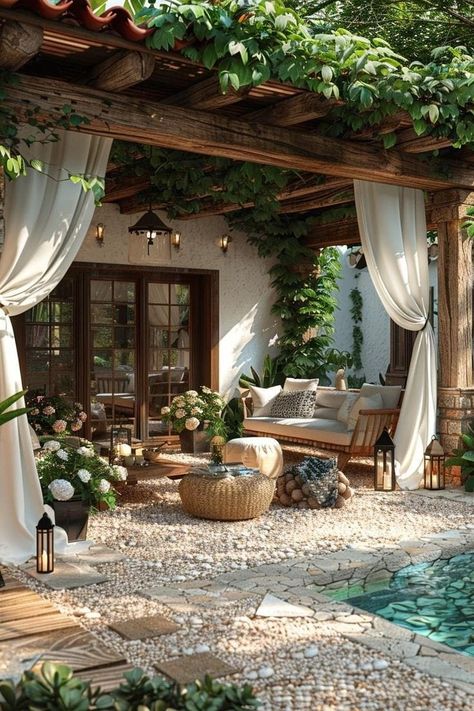 Unique Porch Ideas, Italian Cottage Garden, Extending Patio Ideas, House Garden Ideas Outdoors, Back Porch Extension Ideas, Covered Backyard Patio Ideas, Shaded Patio Ideas, European Style Backyard, European Patio Ideas