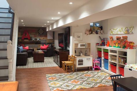 Basement Play Area, Kids Playroom Basement, Basement Family Rooms, Toronto Home, Living Room Playroom, Basement Playroom, Kids Basement, Basement Living Rooms, Basement Family Room