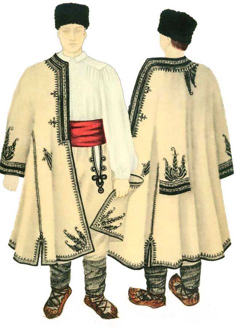 Traditional folk costume for men, Mehedinti county, Oltenia Romanian Clothing, Russian Traditional Clothing, Slavic Clothing, Polish Clothing, Russian Clothing, Paper Dolls Clothing, Folk Clothing, National Dress, Folk Dresses