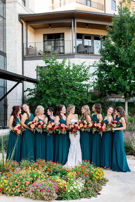 Dusty Teal Bridesmaid Dresses, Peacock Blue Bridesmaid Dresses, Teal Blue Wedding Theme, Dark Teal Bridesmaid Dresses, Resorts In Texas, April Wedding Colors, Brides Mate Dress, Bridesmaids Green, Teal Bridesmaids